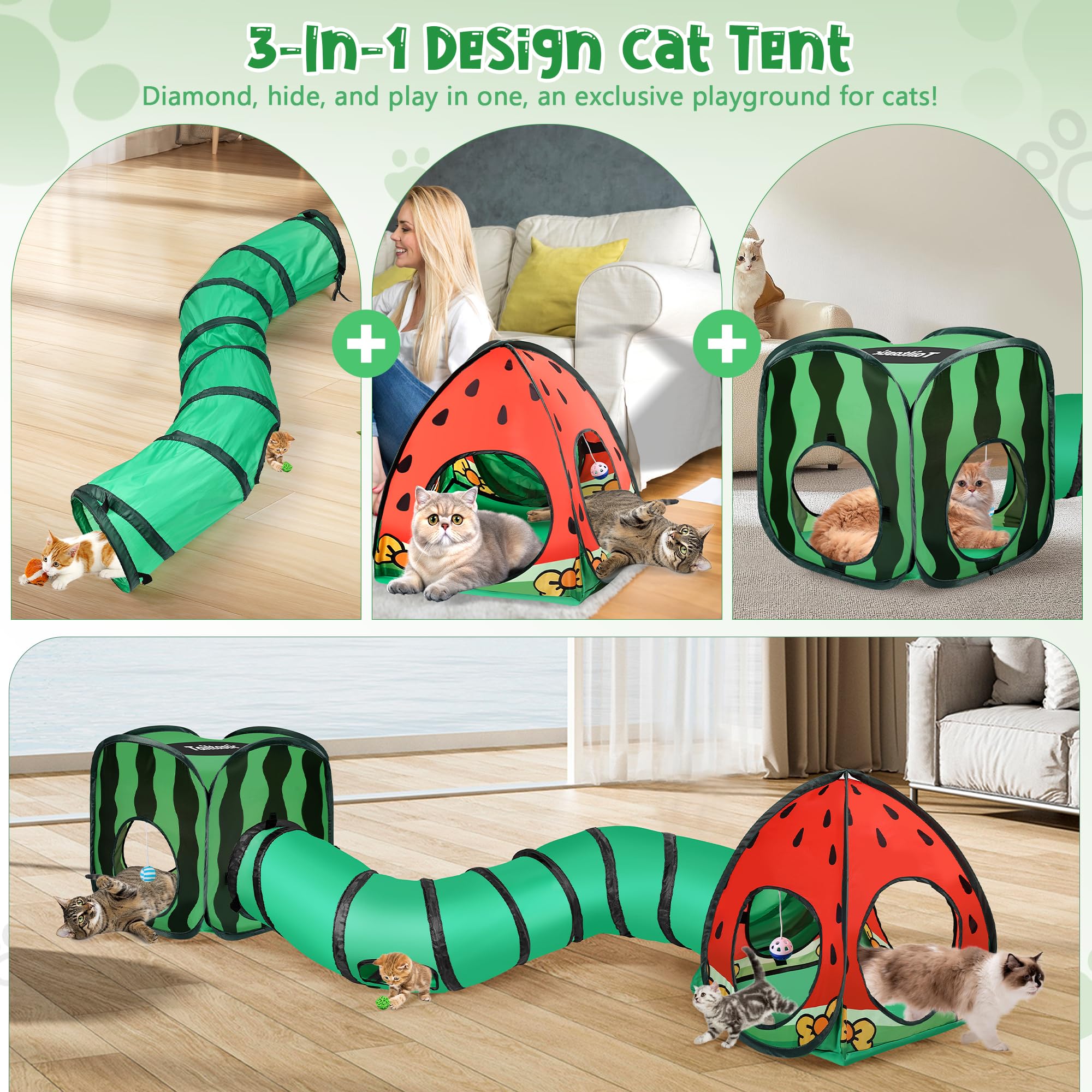 TailTastic cat tunnel cube tent showing its watermelon print and mesh construction.