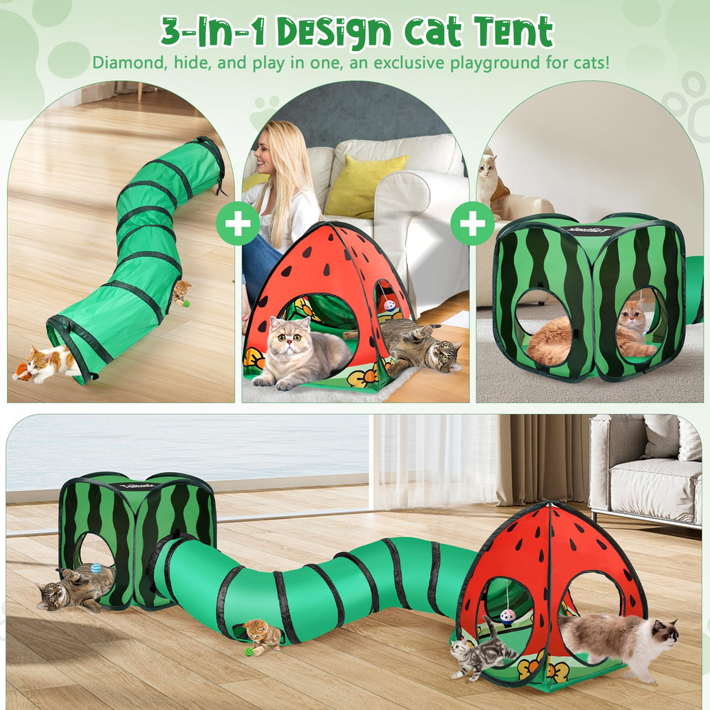 TailTastic cat tunnel cube tent showing its watermelon print and mesh construction.