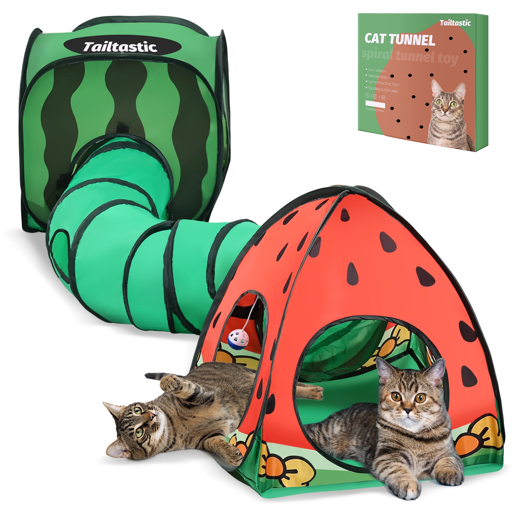 TailTastic watermelon cat tunnel shown from the front with its connected playground sections.