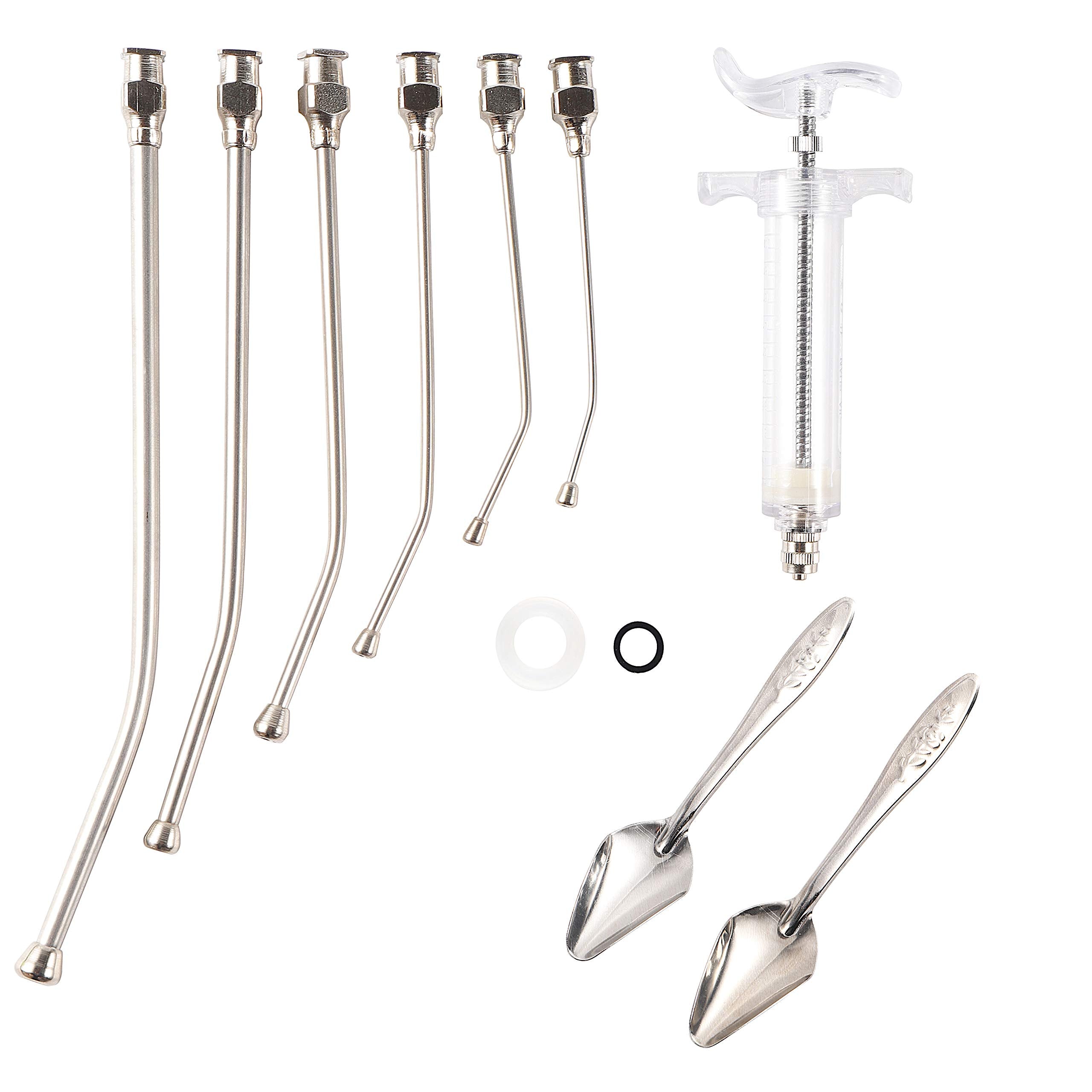 Talk-Satisfied young bird feeding set shown with its syringe, curved tubes, and feeding spoons.