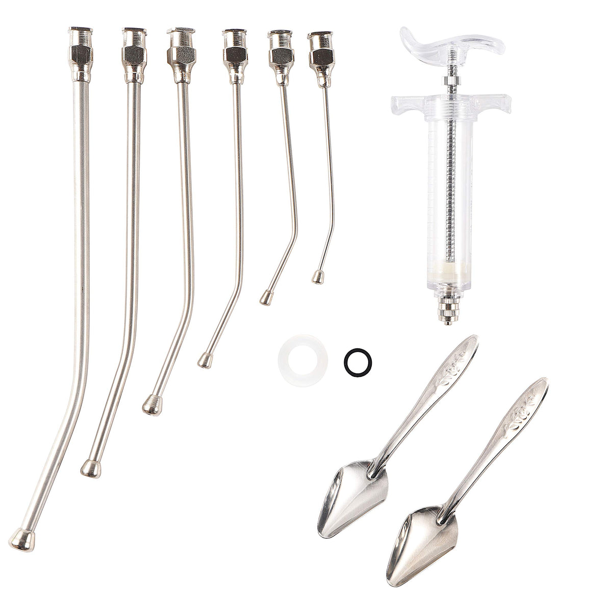 Talk-Satisfied young bird feeding set shown with its syringe, curved tubes, and feeding spoons.
