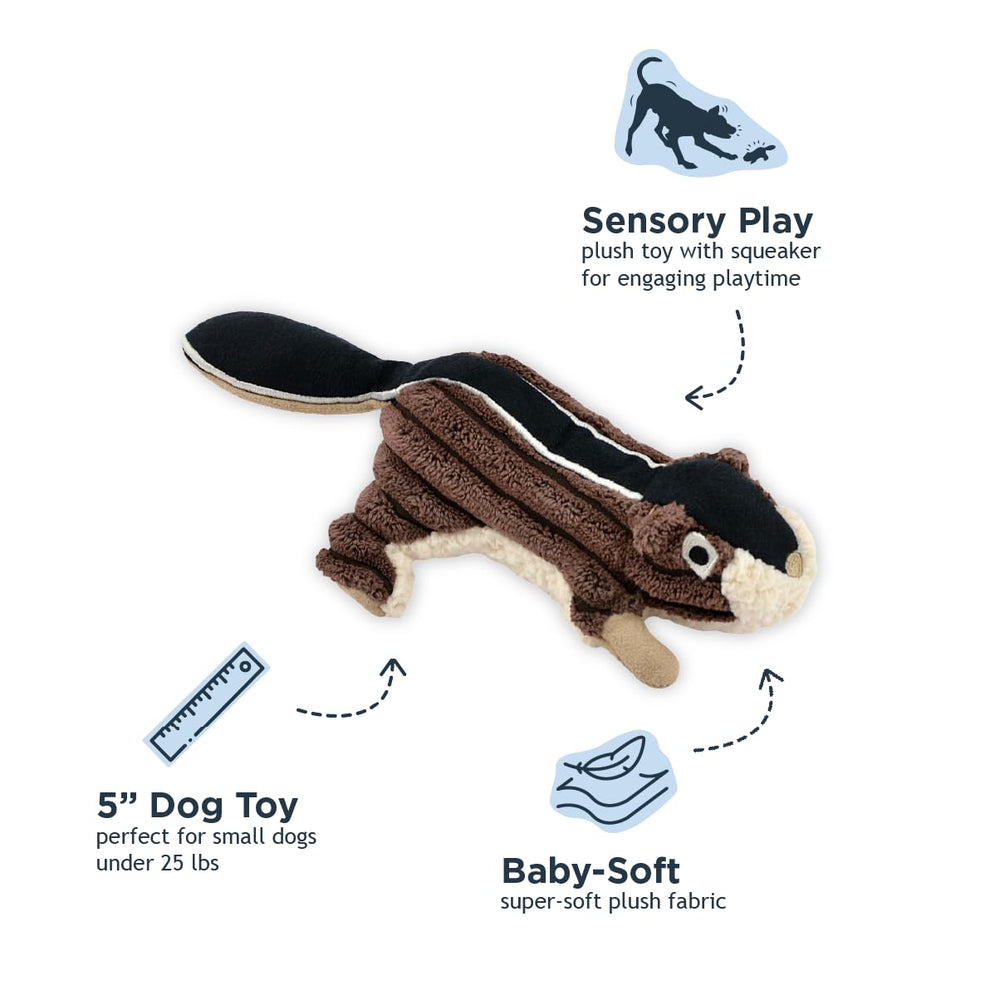 Close-up of the chipmunk design on the Tall Tails plush squeaker dog toy.