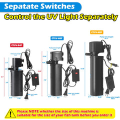 TARARIUM aquarium filter showing the separate pump and U-V light switches.