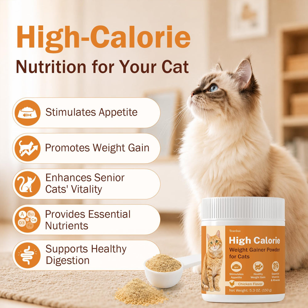 A close-up view of Teardux cat calorie powder.