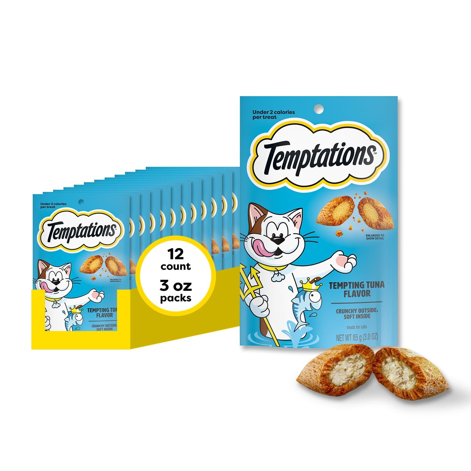 Temptations Classic cat treats shown with the front of the tuna pouch facing forward.