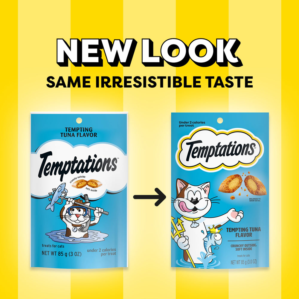 Temptations Classic cat treats shown as a 12-pack of 3 oz pouches.