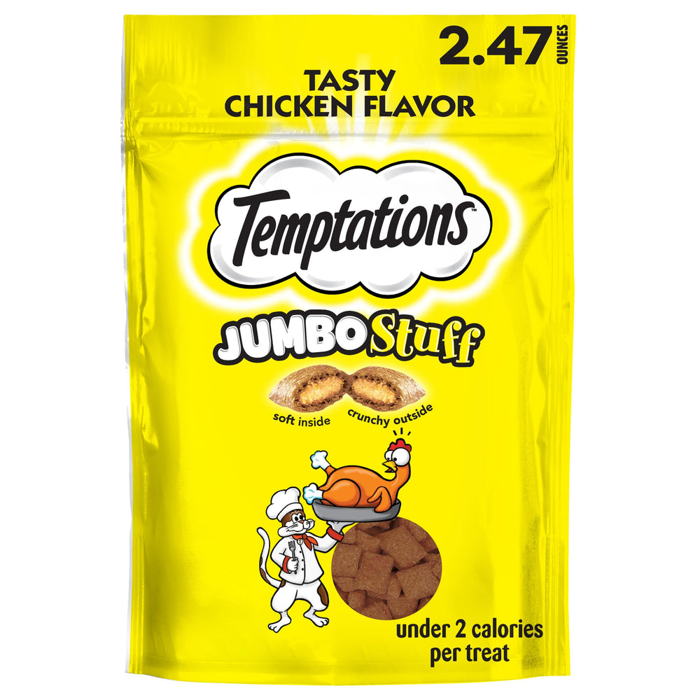 Temptations Jumbo Stuff cat treats shown in a front-facing pouch view.