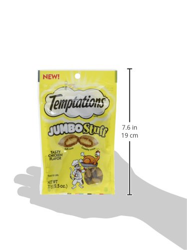 Temptations Jumbo Stuff cat treats shown to highlight their crunchy and soft textures.