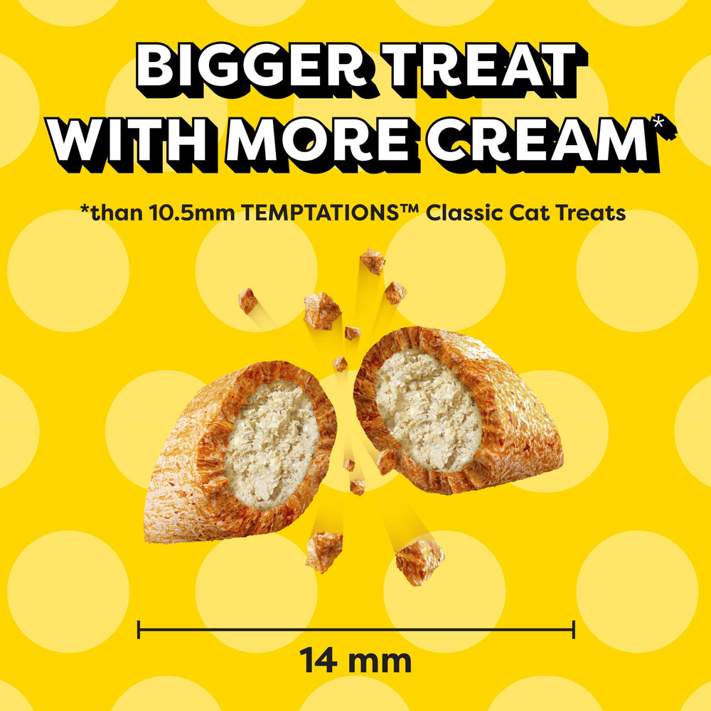 Temptations Jumbo Stuff chicken cat treats shown with the flavor packaging in focus.