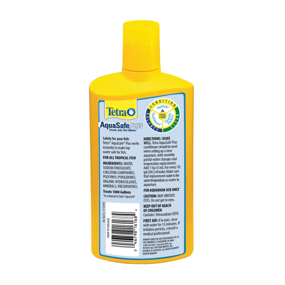 Tetra AquaSafe Plus water conditioner bottle showing its back label.