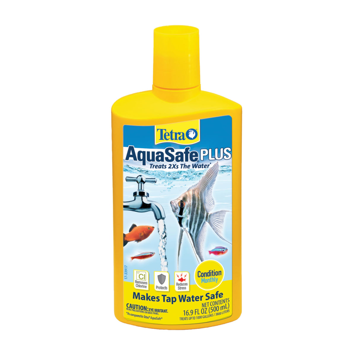 Tetra AquaSafe Plus water conditioner bottle shown from the front.