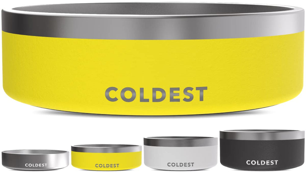 The Coldest Water dog bowl shown from the front in Solar Yellow.