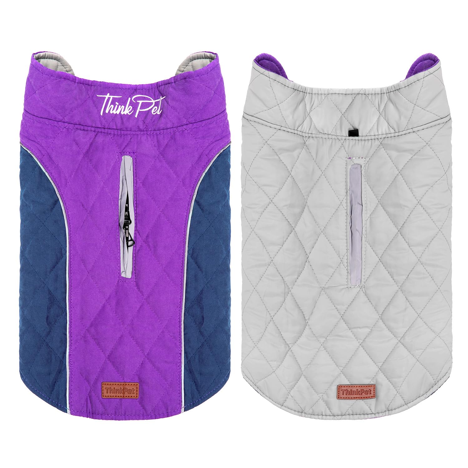 ThinkPet dog coat shown from the front, displaying its padded winter design.