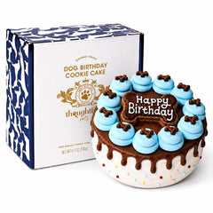 Thoughtfully Blue Dog Birthday Cookie Cake shown from the front.