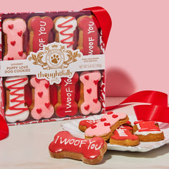 Thoughtfully Puppy Love dog treat biscuit shown in close-up to highlight its ginger flavor.
