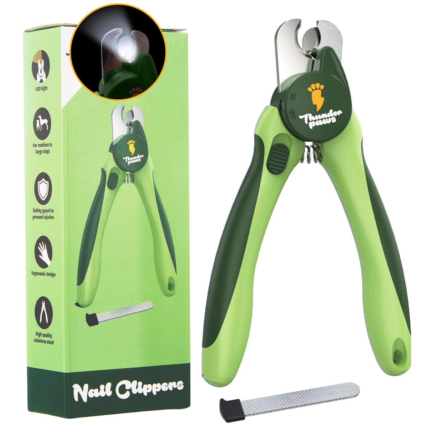 Thunderpaws dog nail clippers shown from the front with the LED light and handles visible.