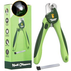Thunderpaws dog nail clippers shown from the front with the LED light and handles visible.