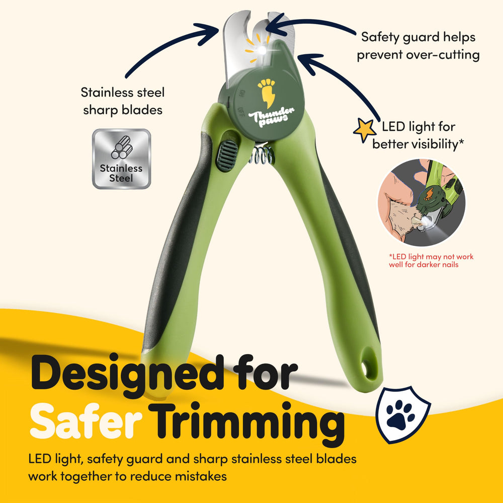 Thunderpaws dog nail clippers shown with their packaging and printed nail-trimming instructions.