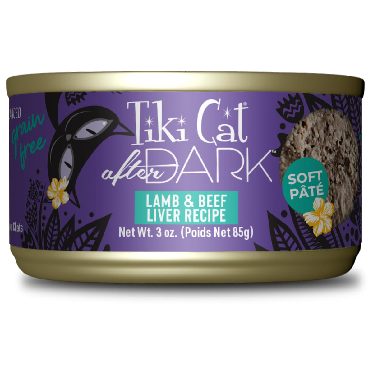 Tiki Cat After Dark pâté wet cat food can shown from the front.