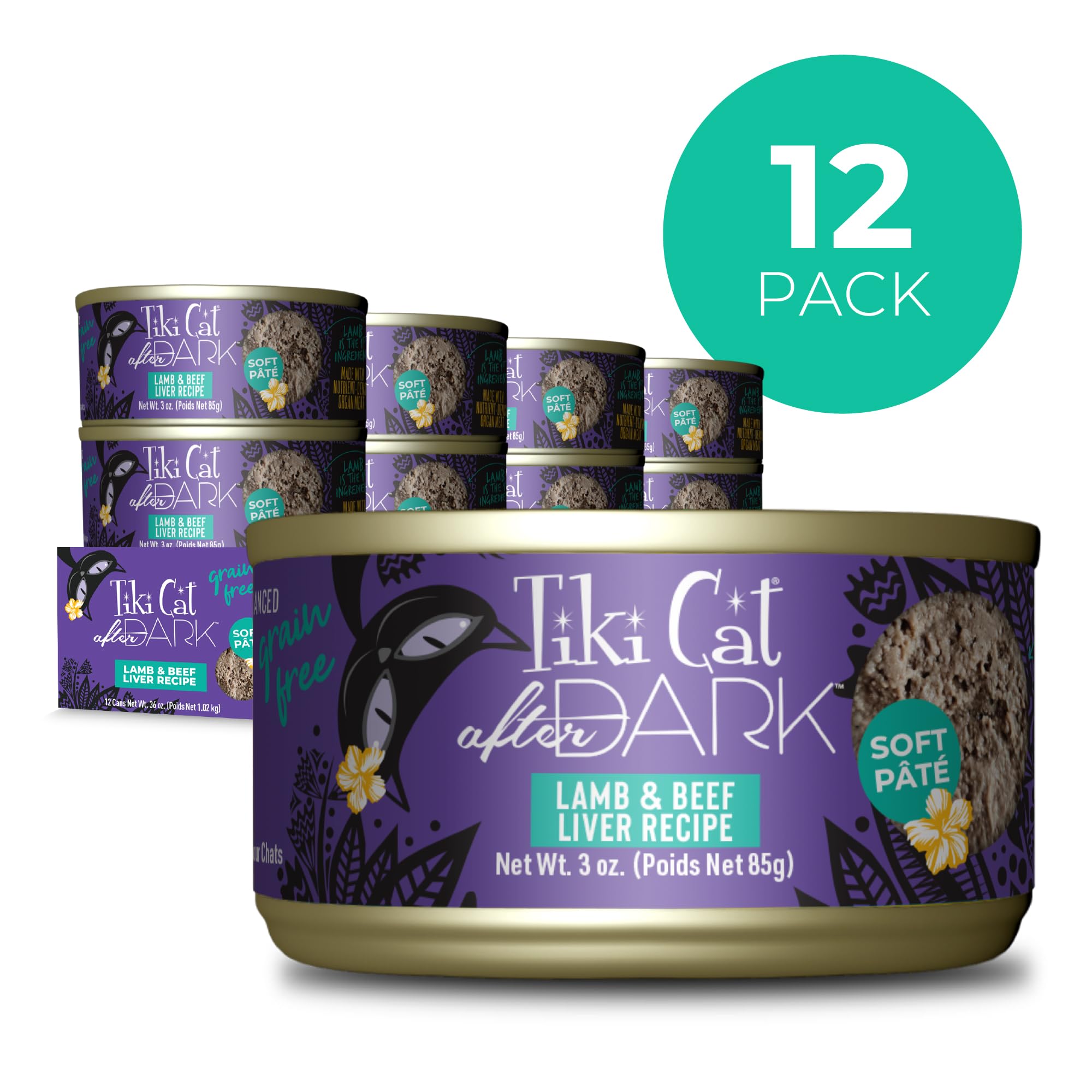 Tiki Cat After Dark pâté wet cat food twelve-can pack.
