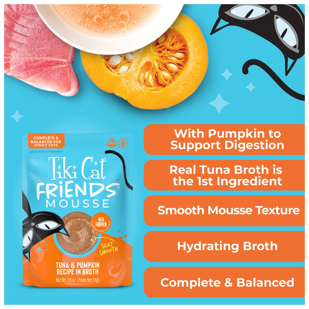 Tiki Cat Friends Mousse wet cat food featuring dolphin-safe tuna.