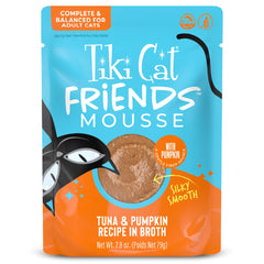 Tiki Cat Friends Mousse wet cat food tuna and pumpkin pouch shown from the front.