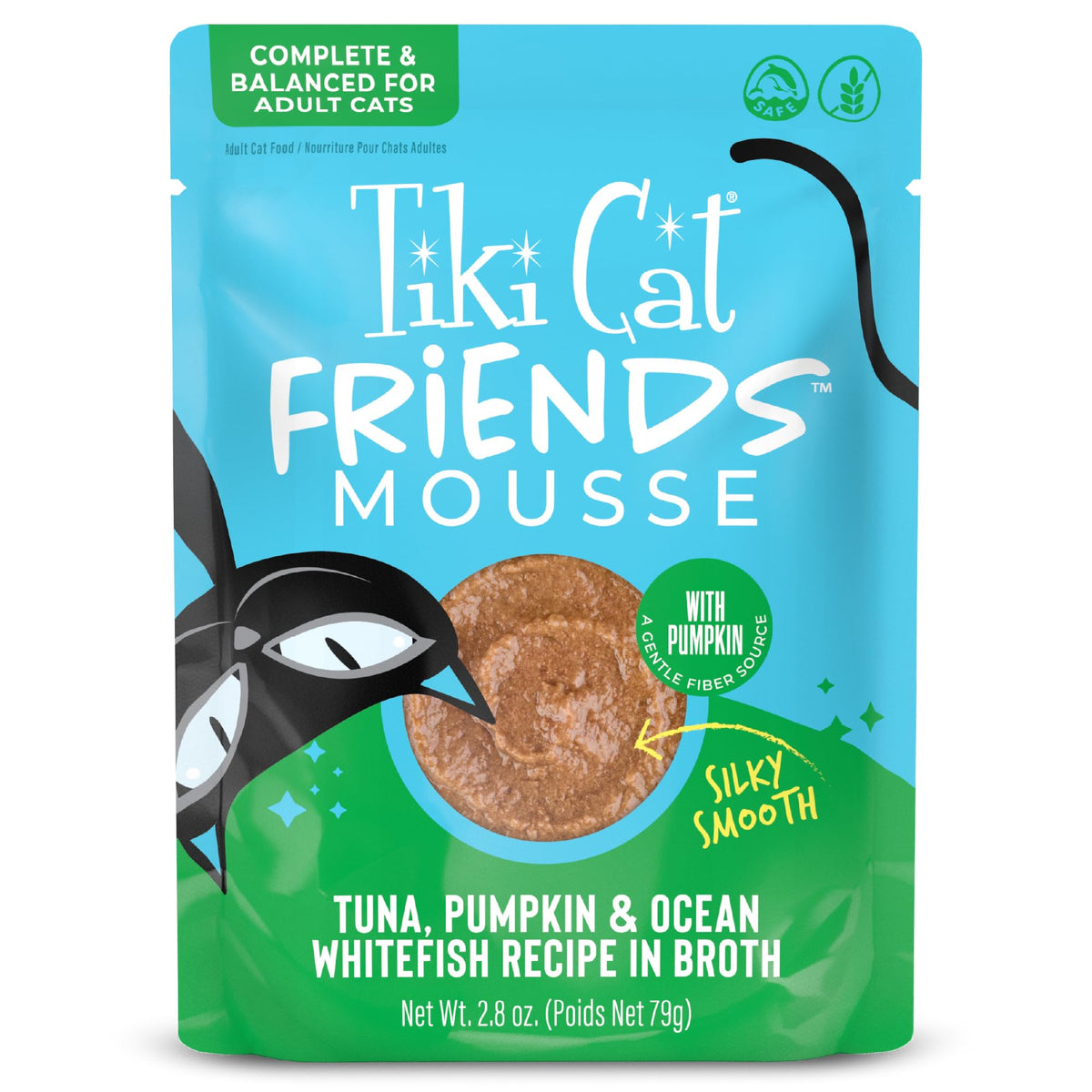 Tiki Cat Friends Mousse tuna, pumpkin and whitefish wet cat food shown from the front.