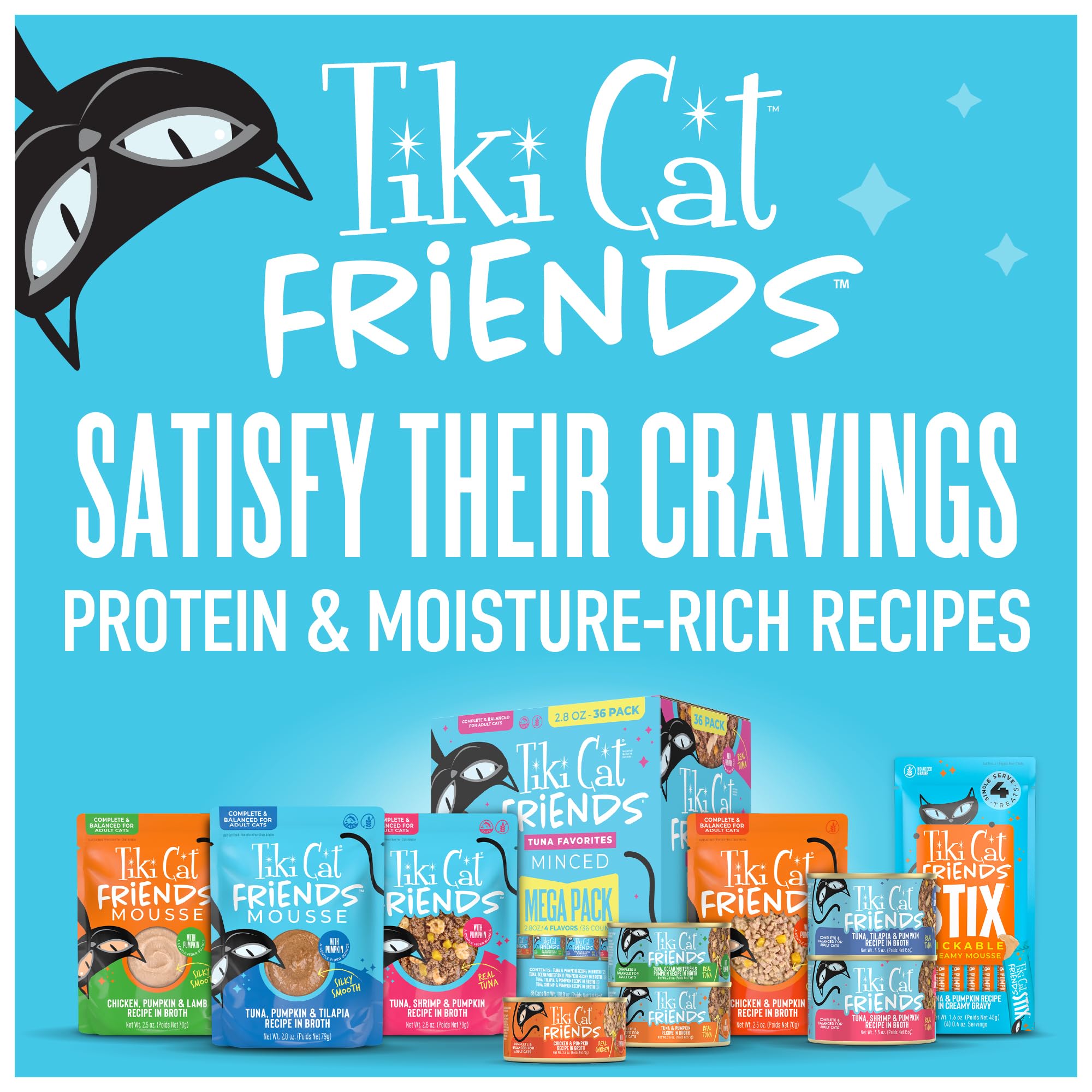 One portion of Tiki Cat Friends Mousse tuna, pumpkin and whitefish wet cat food.