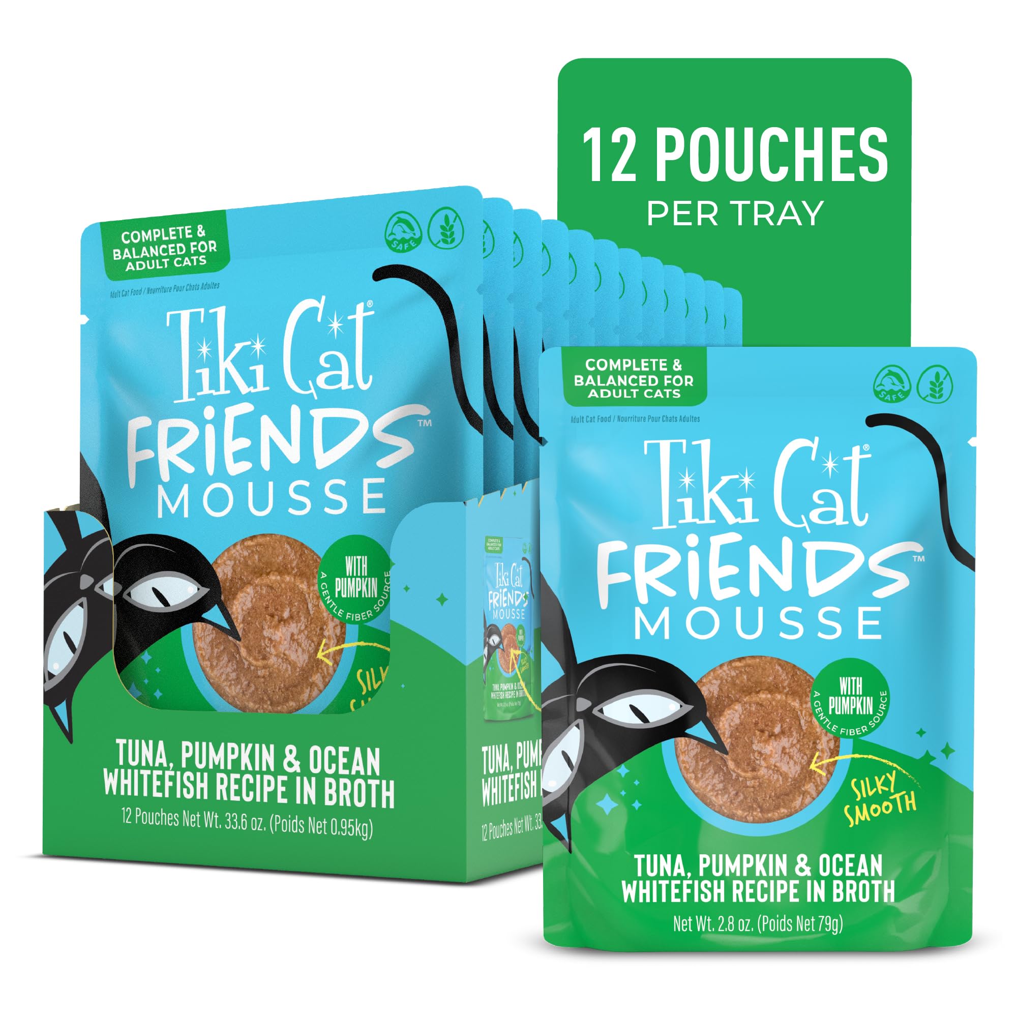 Tiki Cat Friends Mousse tuna, pumpkin and whitefish wet cat food shown from a side angle.
