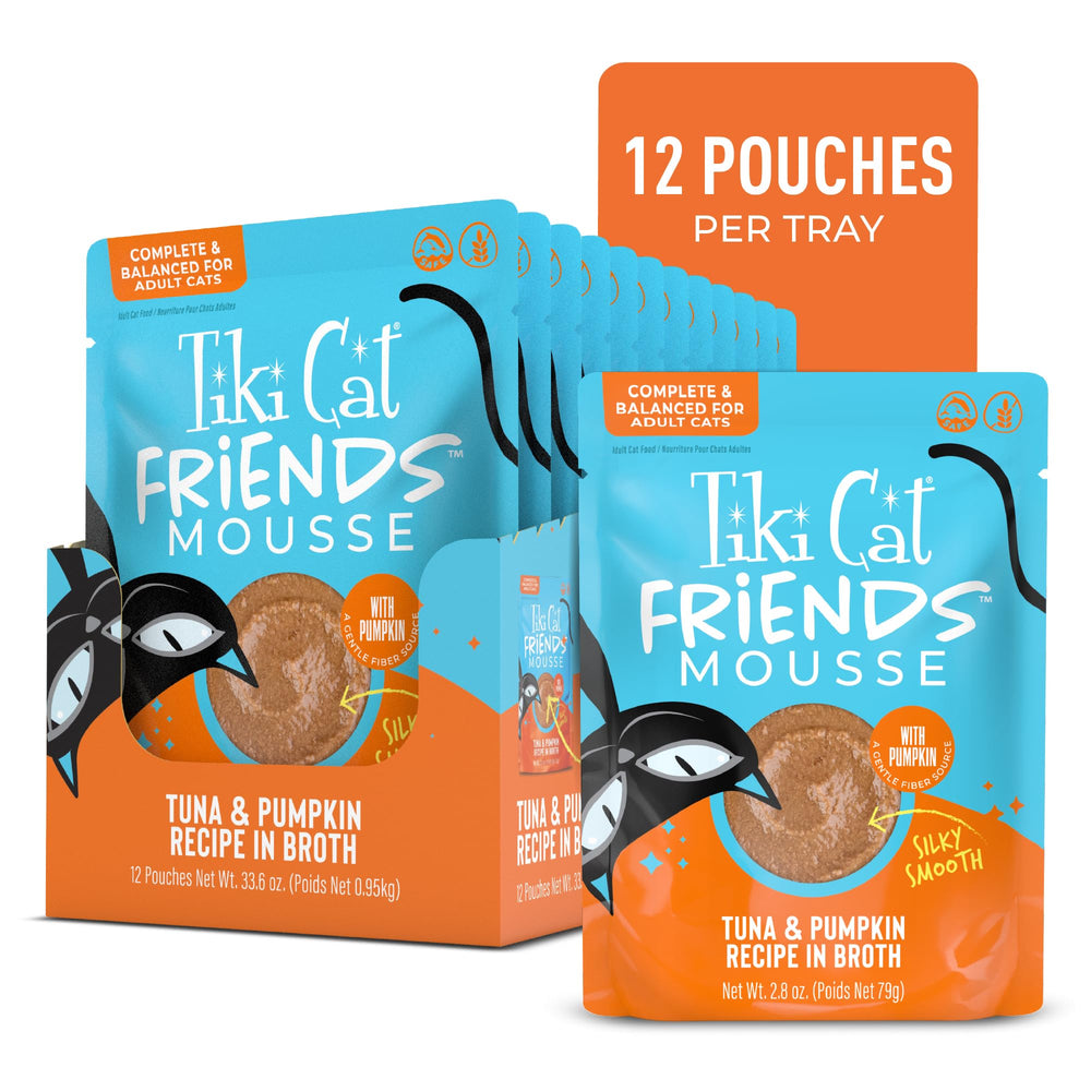 Tiki Cat Friends Mousse wet cat food shown as a pack of twelve pouches.