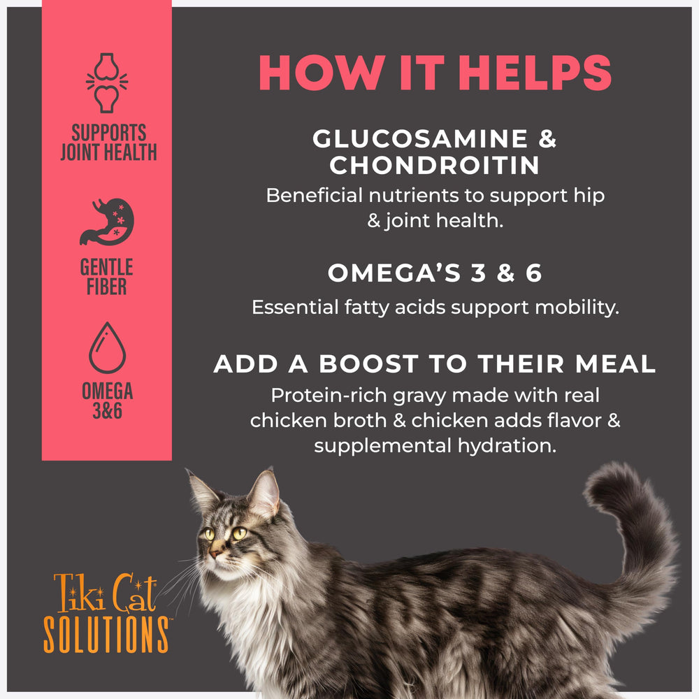 Tiki Cat Solutions Mobility Topper highlighting gentle fiber and omega 3 and 6.