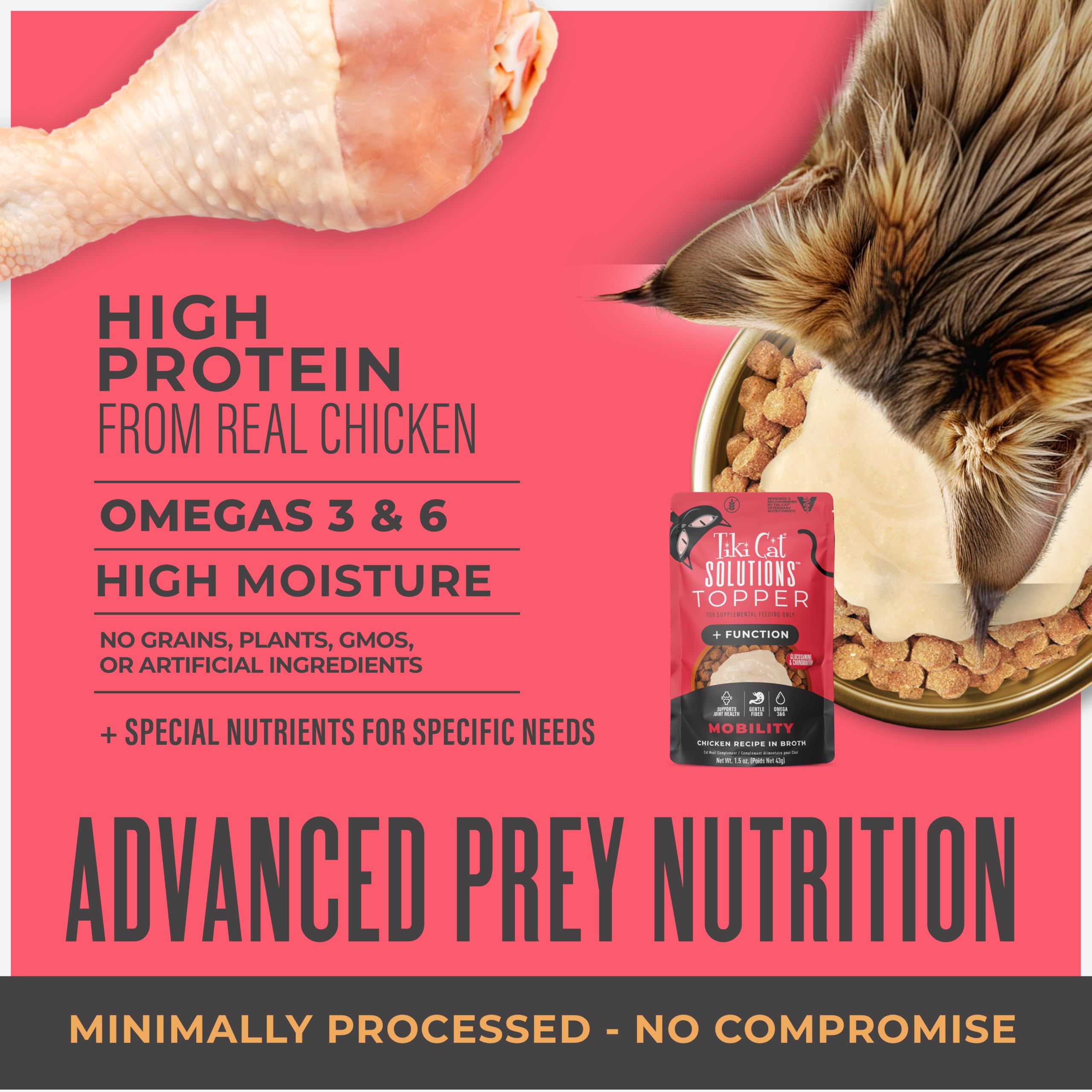 Tiki Cat Solutions Mobility Topper highlighting glucosamine and chondroitin.