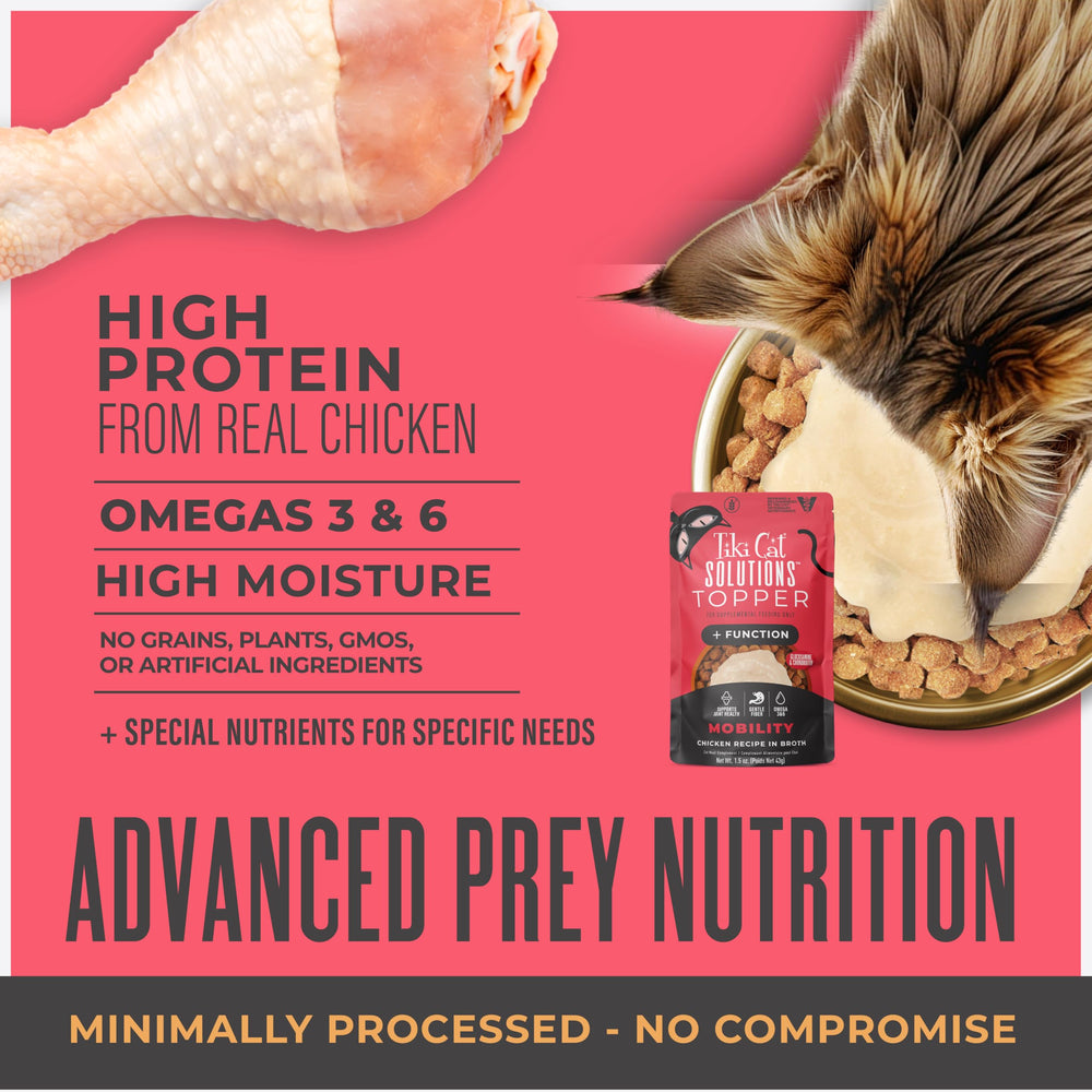 Tiki Cat Solutions Mobility Topper highlighting glucosamine and chondroitin.