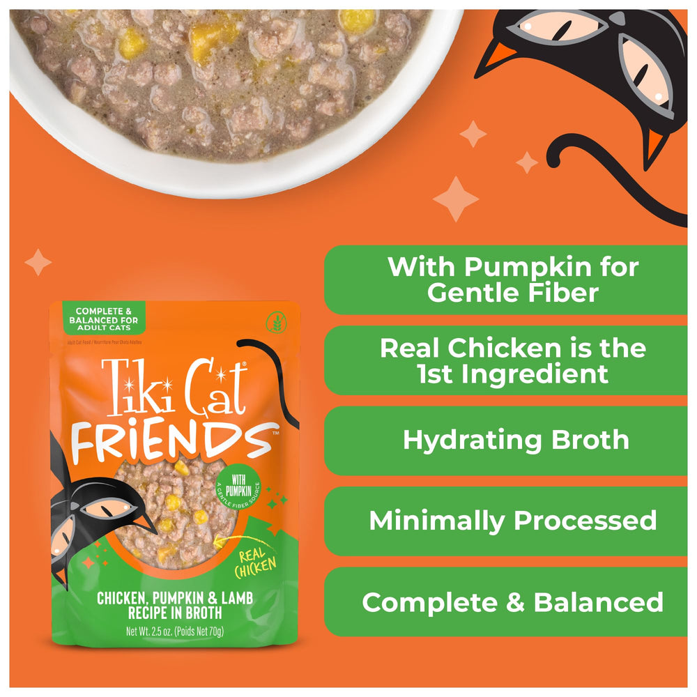 TIKI PETS Tiki Cat Friends wet cat food highlighting chicken as the first ingredient.