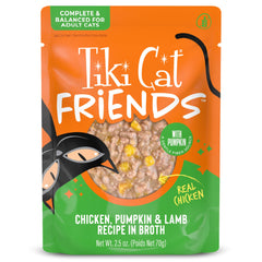 TIKI PETS Tiki Cat Friends wet cat food pouch, front view of the Chicken Pumpkin & Lamb recipe.
