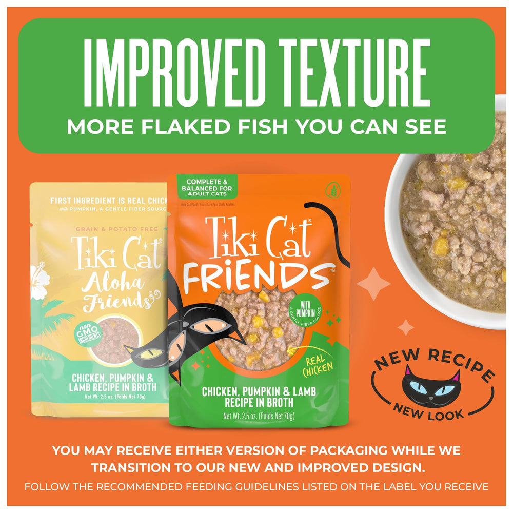 TIKI PETS Tiki Cat Friends wet cat food shown as a 12-pouch pack.