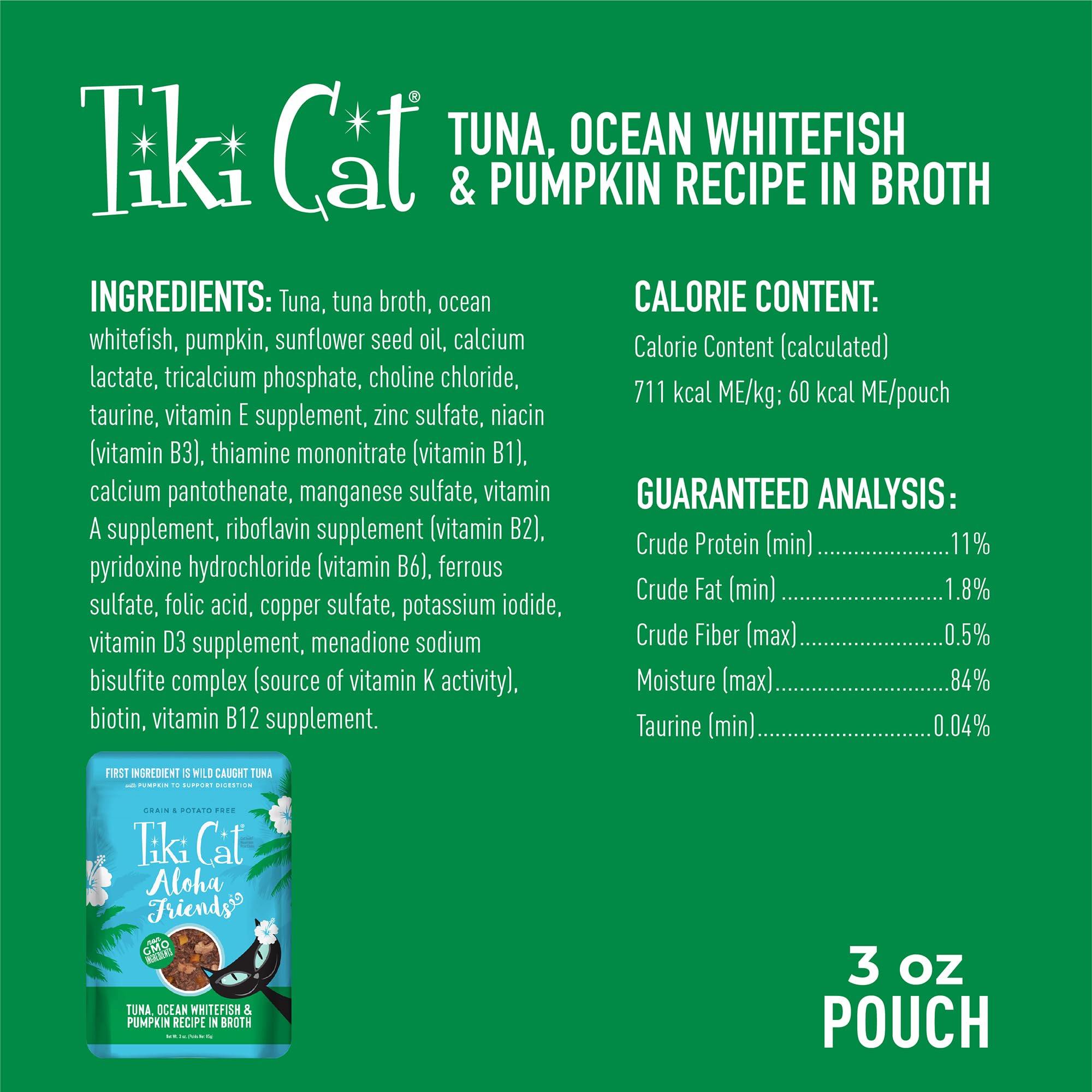 TIKI PETS Tiki Cat Aloha Friends wet cat food can shown from the back.