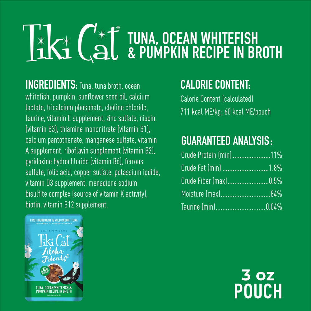 TIKI PETS Tiki Cat Aloha Friends wet cat food can shown from the back.