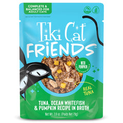 TIKI PETS Tiki Cat Friends wet cat food pouch shown from the front.