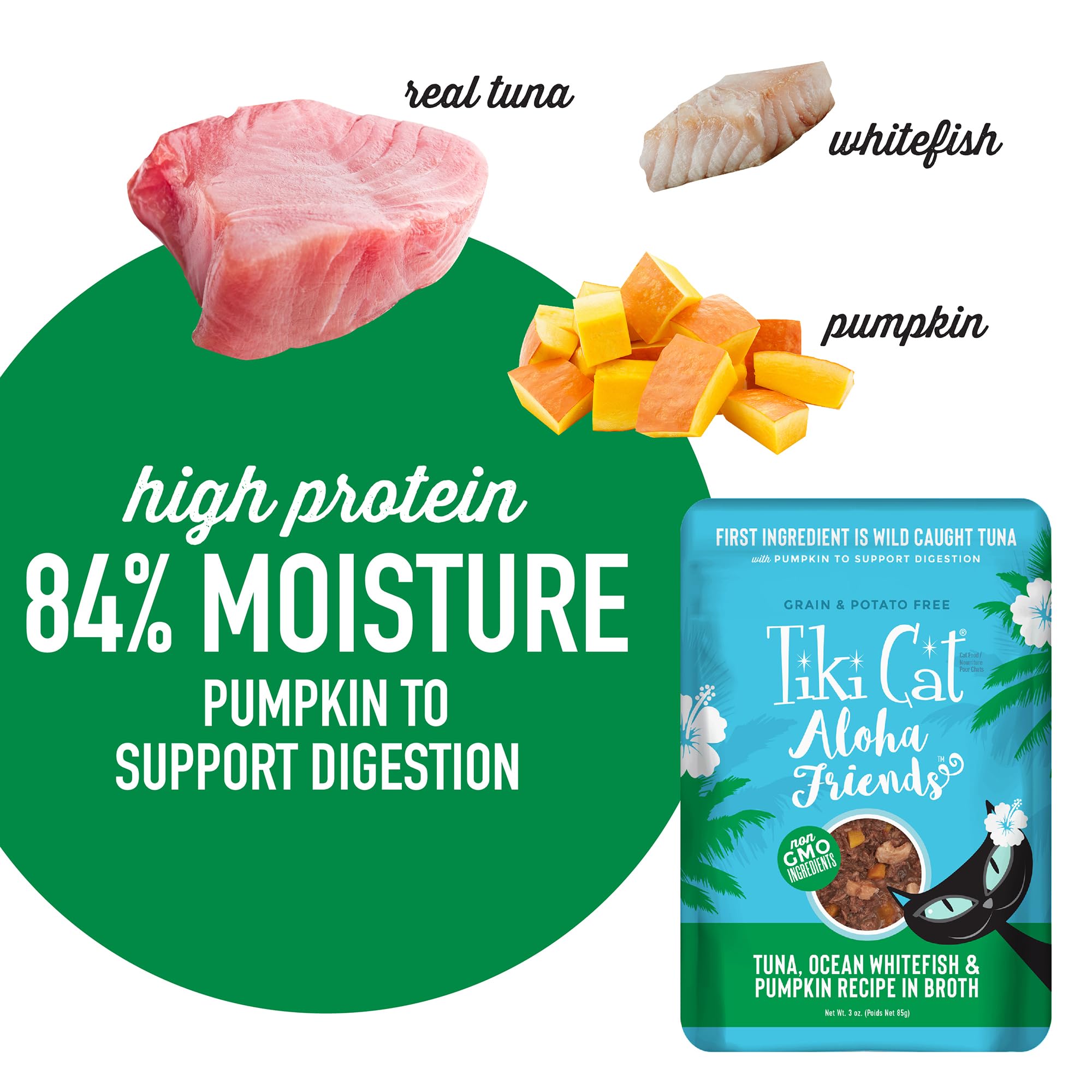 TIKI PETS Tiki Cat Aloha Friends wet cat food shown inside an opened can.