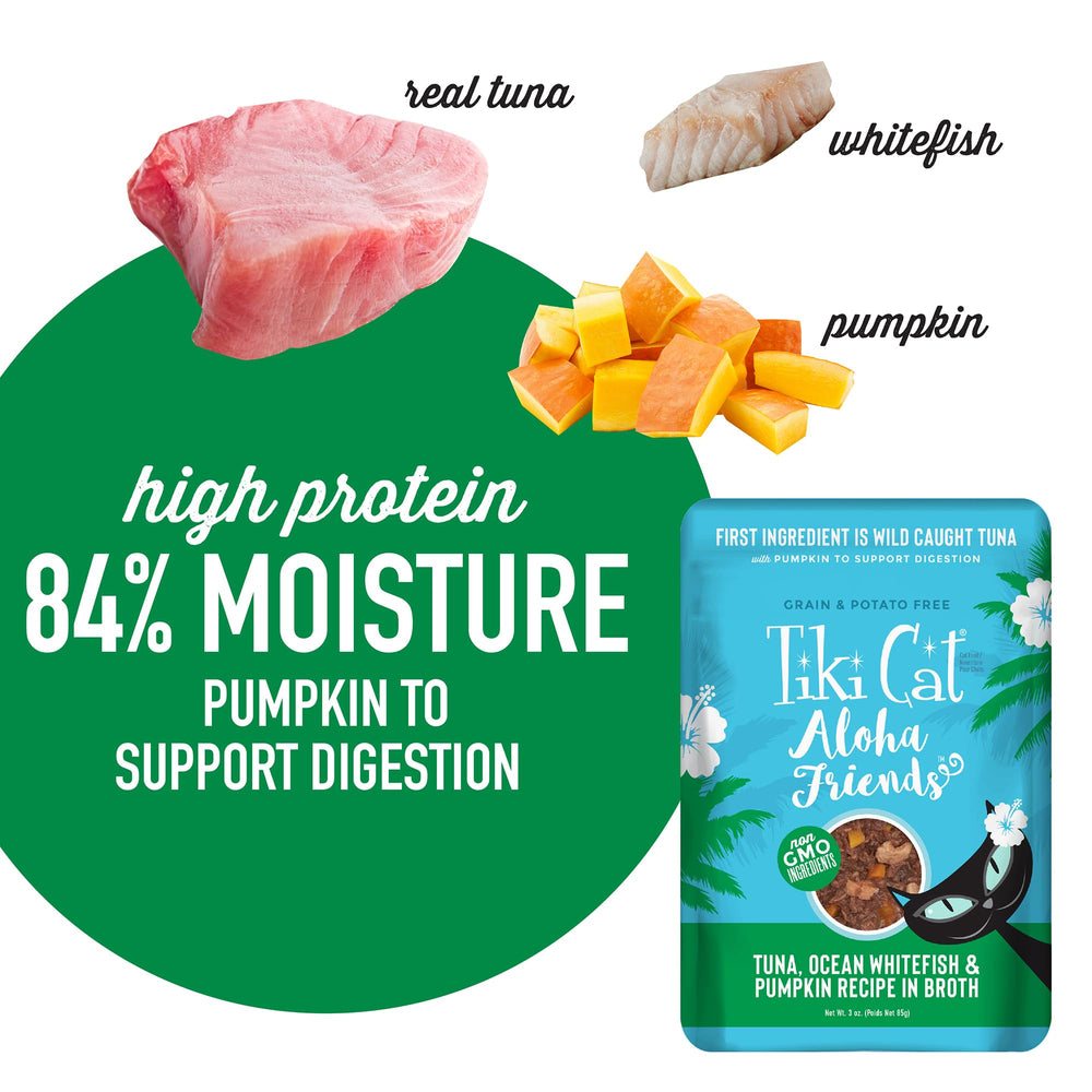 TIKI PETS Tiki Cat Aloha Friends wet cat food shown inside an opened can.