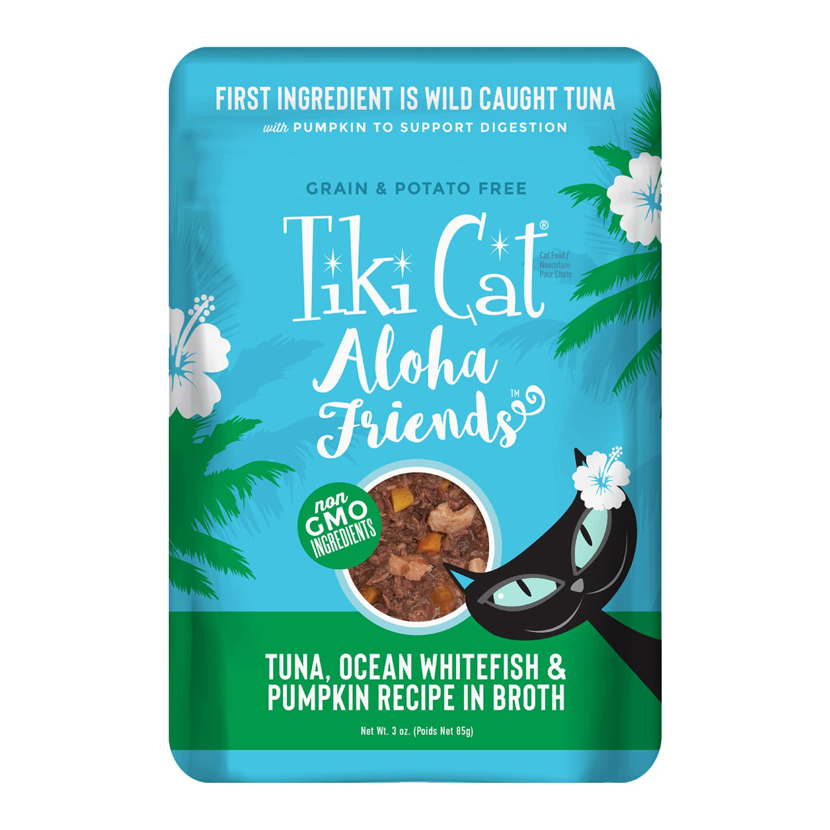 TIKI PETS Tiki Cat Aloha Friends wet cat food can shown from the front.