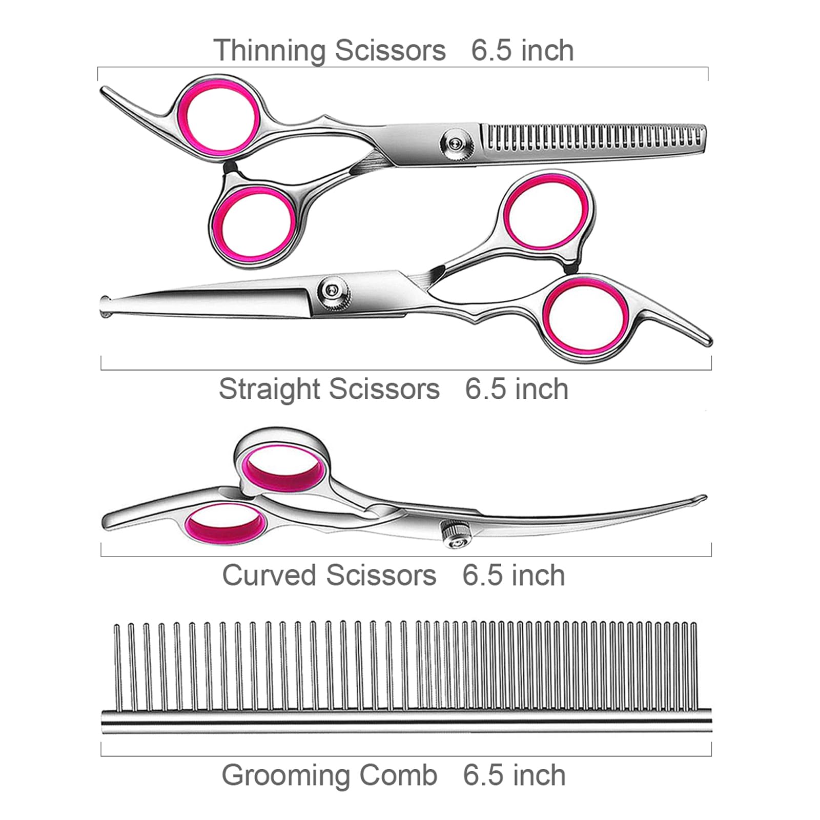TINMARDA dog grooming kit showing the pink anti-slip finger rings on the scissors.