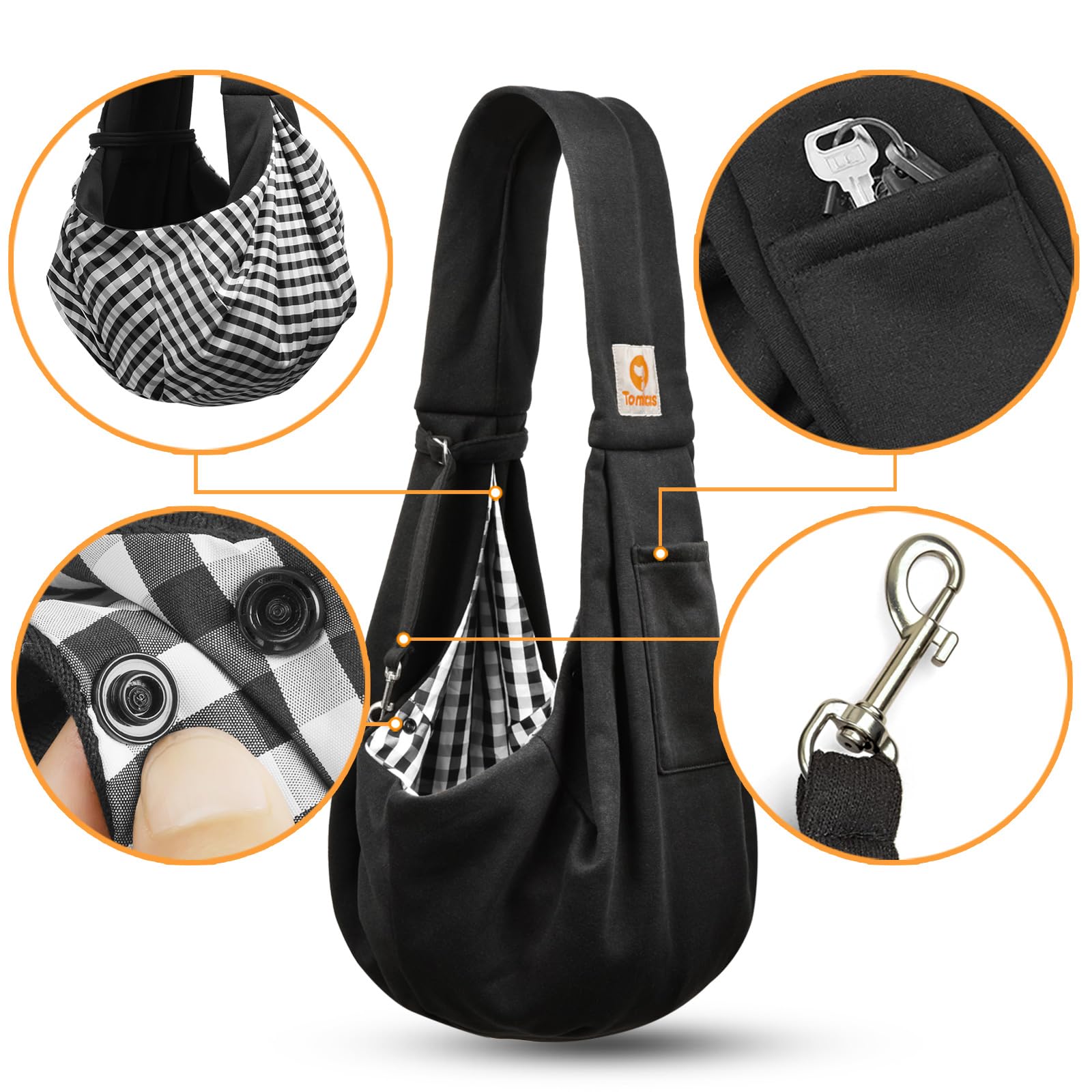 TOMKAS small-pet sling carrier shoulder strap and adjustment buckle shown close up.