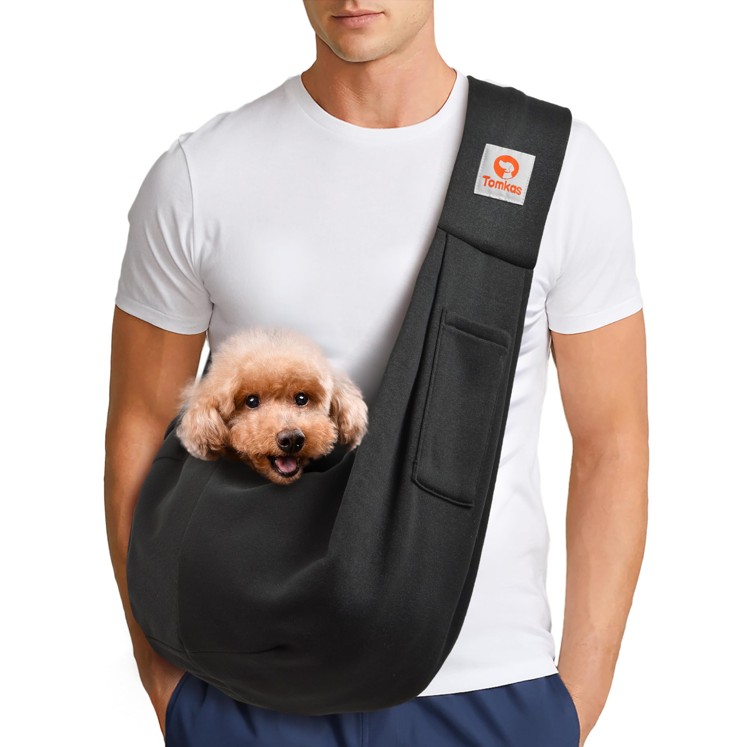 TOMKAS small-pet sling carrier shown from the front in black.