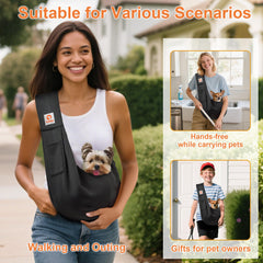 TOMKAS small-pet sling carrier shown with its large opening visible.
