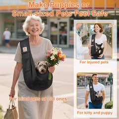TOMKAS small-pet sling carrier safety buckle and adjustable belt shown in detail.
