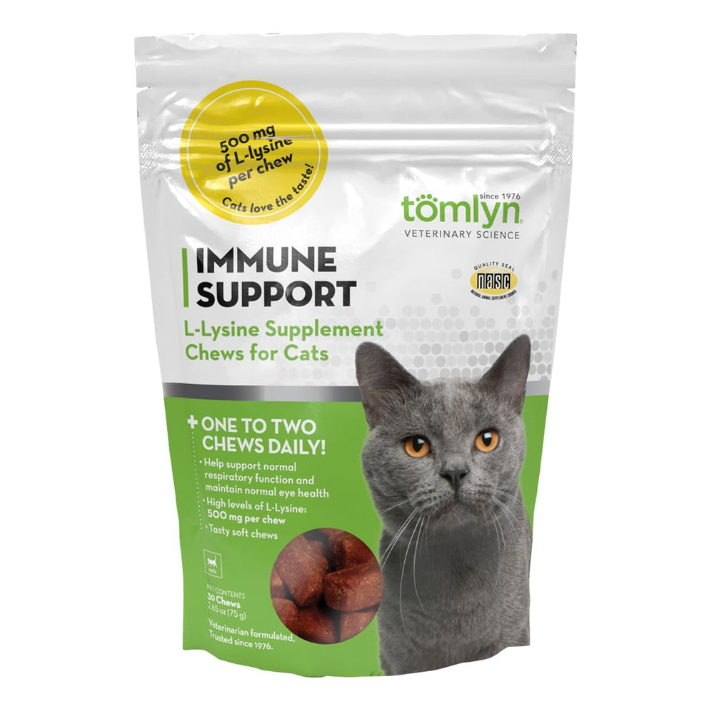 TOMLYN L-Lysine cat chews shown with the package front facing forward.