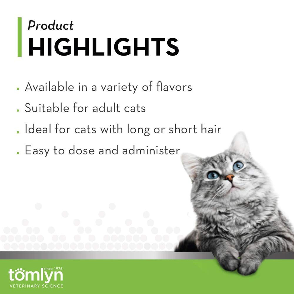 TOMLYN Laxatone catnip hairball gel applied to a cat's nose.