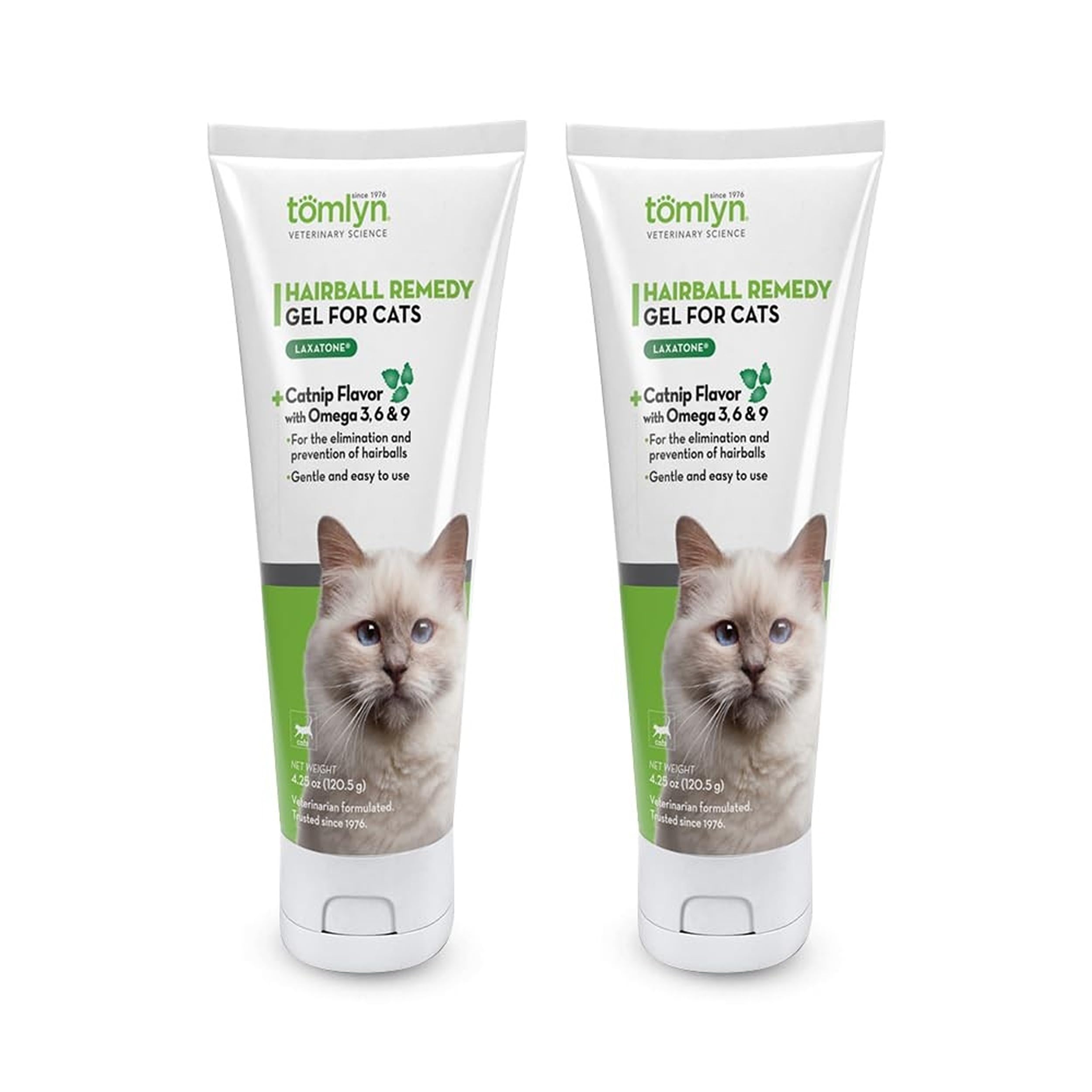 TOMLYN Laxatone catnip hairball gel shown in its two-pack product presentation.